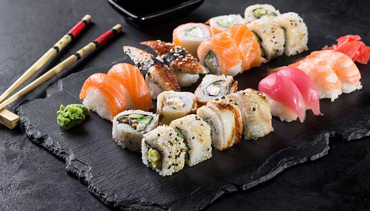 A plate of different varieties of sushi.