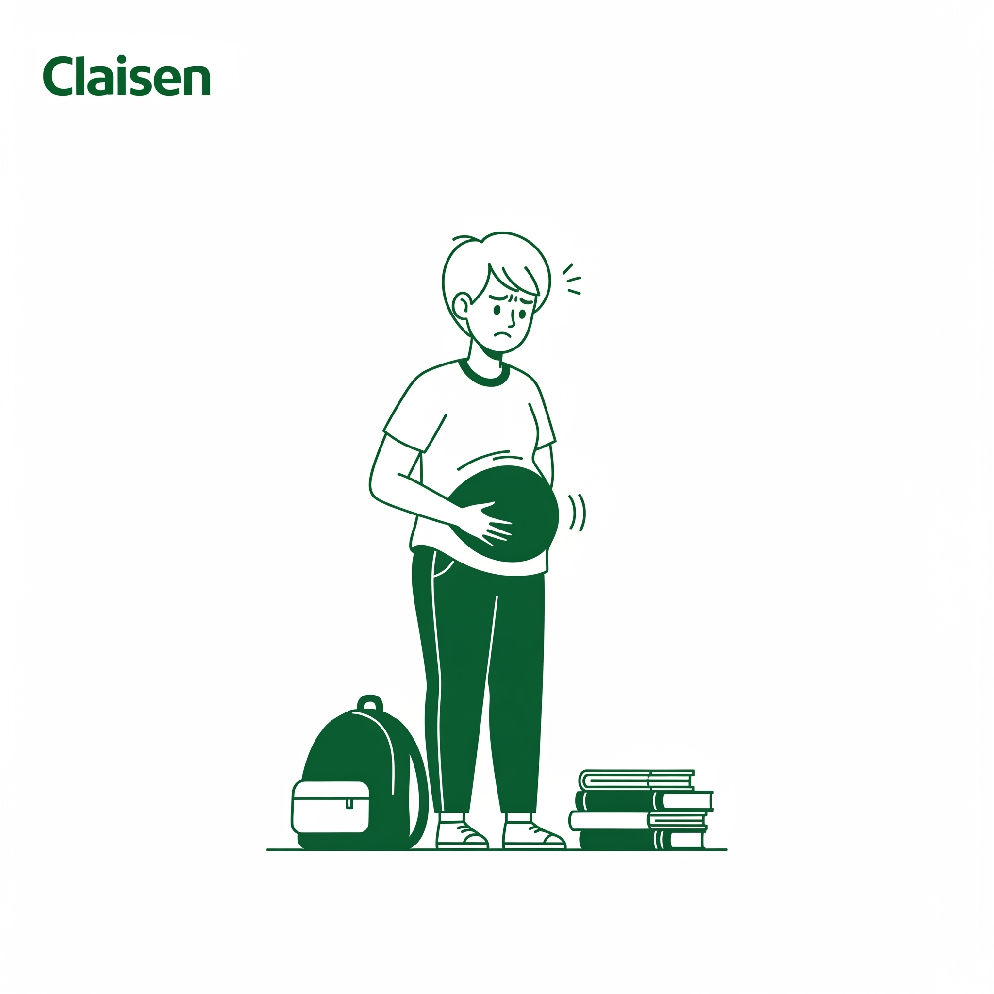 Illustration of a college student holding a bloated stomach with a pained expression, standing next to a backpack and a stack of books, representing tips on surviving bloating in college