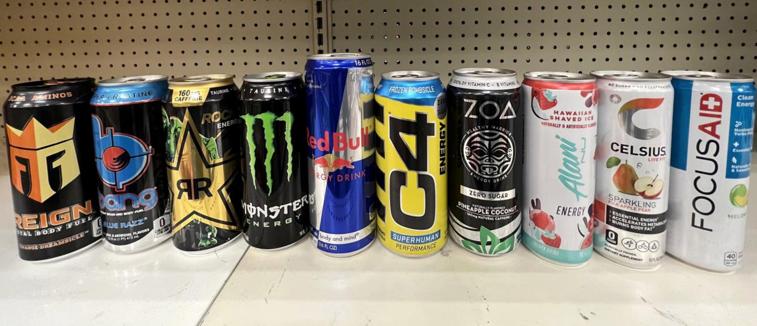 Popular energy drinks lined up