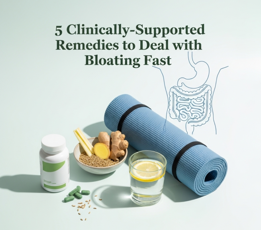 Flat lay image showcasing natural bloating remedies including ginger, fennel seeds, a supplement bottle, green tablets, lemon water, and a yoga mat — with text “5 Clinically-Supported Remedies to Deal with Bloating Fast” and digestive system illustration 