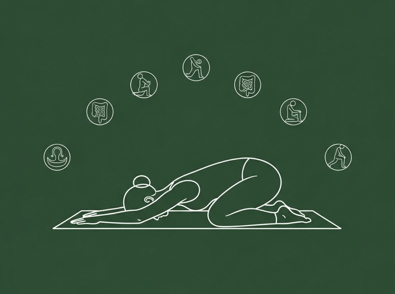 Minimalist line drawing of a woman in Child’s Pose on a yoga mat, surrounded by icons of yoga poses and digestive health symbols, representing yoga for bloating relief.