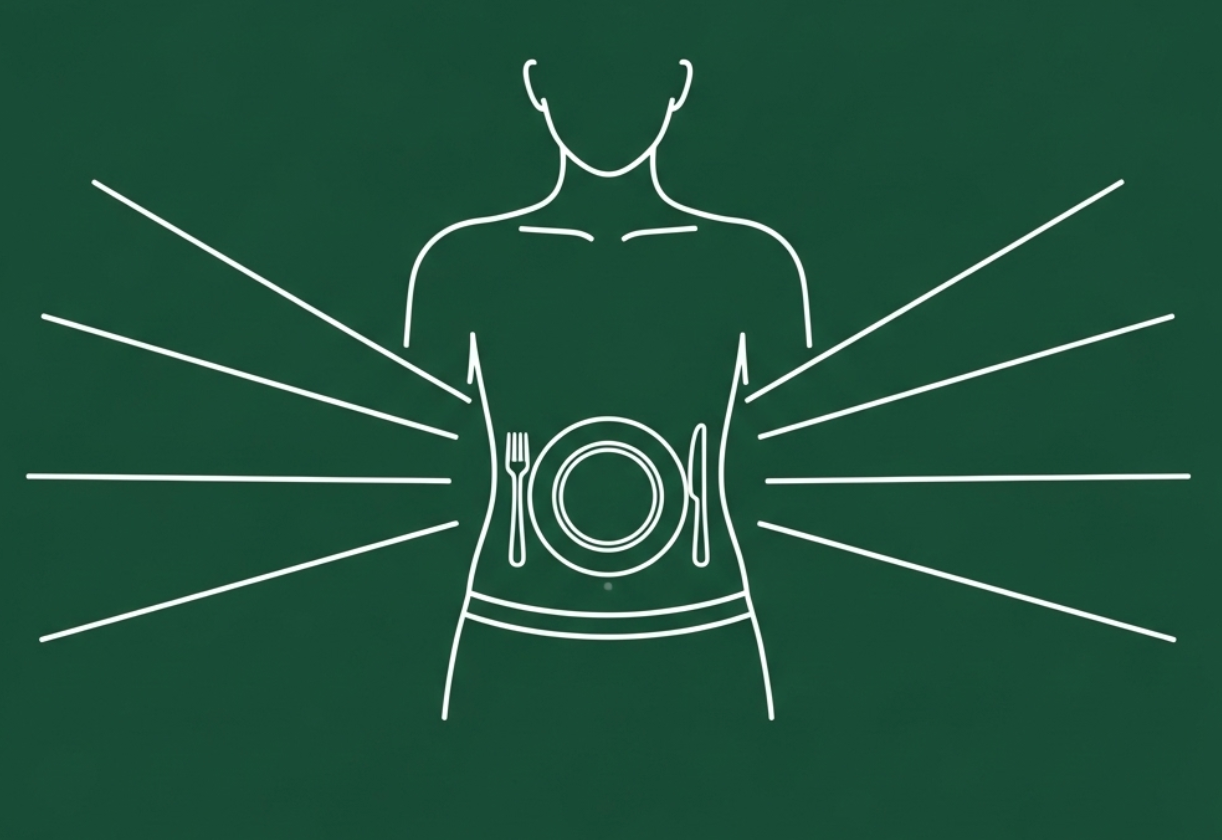 Minimal line drawing of a human torso with a plate, fork, and knife inside the stomach area, symbolizing digestion and gut health