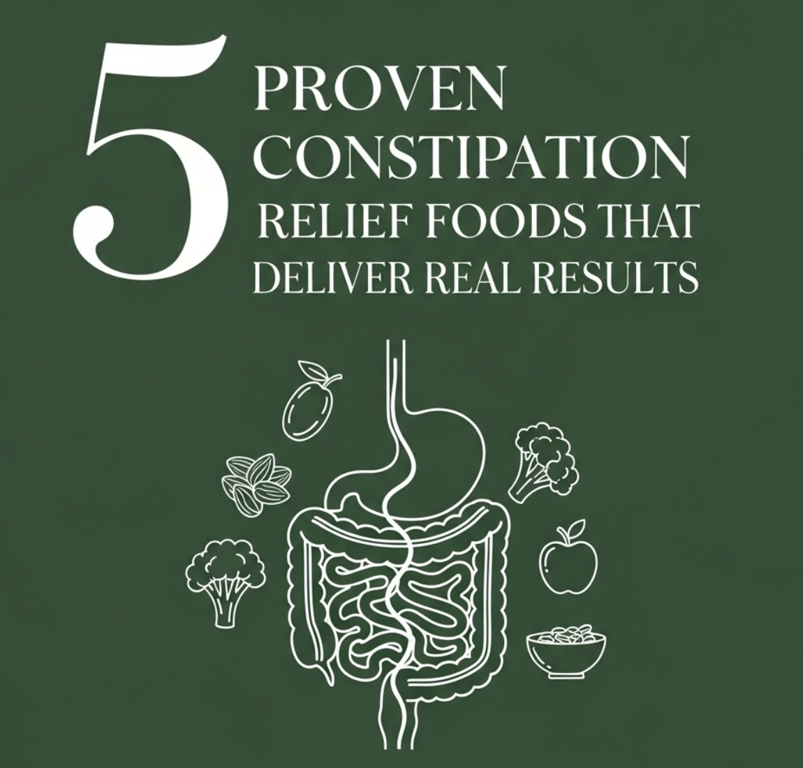  The title "5 Proven Constipation Relief Foods That Deliver Real Results" is shown above a diagram of the human digestive system. Surrounding the illustration are high-fiber foods like prunes, almonds, broccoli, apples, and a bowl of oatmeal, highlighting