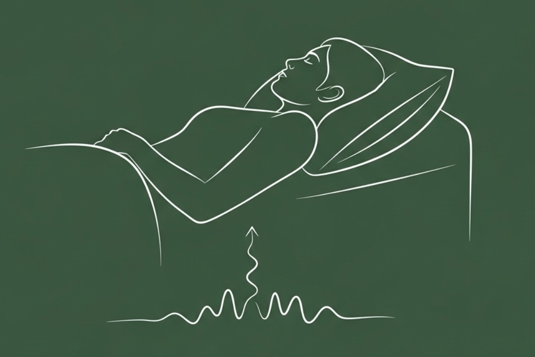  A line drawing of a person sleeping on their back, with a wavy line and an upward arrow symbolizing the sensation of nighttime acid reflux. This image illustrates how heartburn rises while lying down, disrupting sleep.