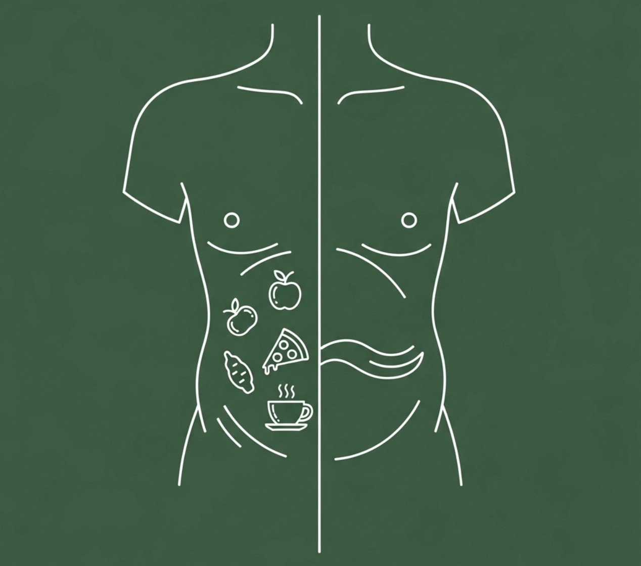 Minimal line art of two torsos side by side , left side showing apples, pizza, croissant, and coffee in the stomach, and right side showing digestive tract. illustrating how food choices affect digestion and acid reflux