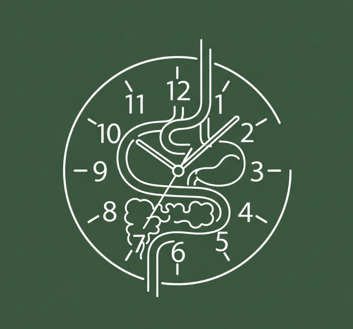 Minimalist line art of human digestive system integrated into a clock face, symbolizing meal timing and intermittent fasting