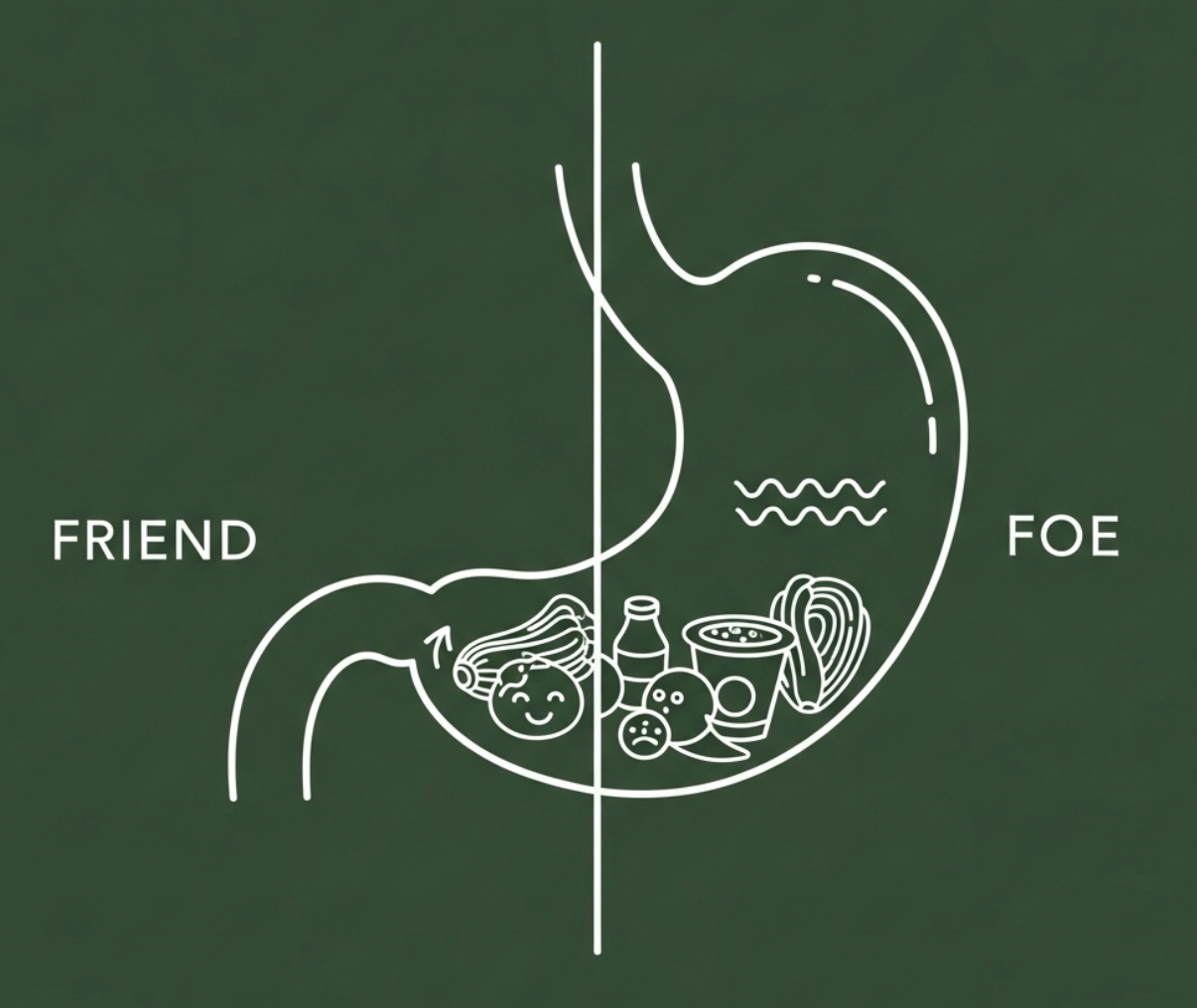Illustration of a stomach split into two halves labeled ‘Friend’ and ‘Foe,’ with fermented foods like kimchi, yogurt, and pickles on the friend side, and possible trigger foods on the foe side, representing their mixed effects on bloating and heartburn.