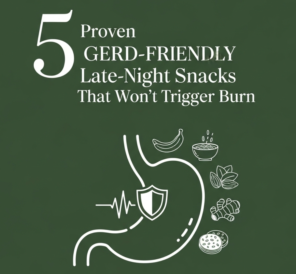 A stomach illustration with a protective shield inside and icons of bananas, oatmeal, almonds, ginger, and crackers around it, next to the text "5 Proven GERD-FRIENDLY Late-Night Snacks That Won't Trigger Burn". This image promotes nighttime snacking opti
