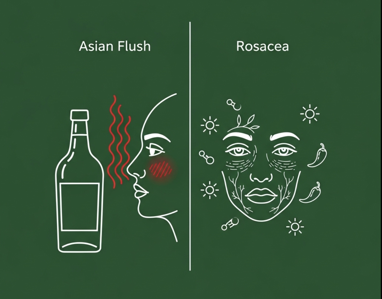 Illustration comparing Asian Flush and Rosacea. Left side shows a person flushing red after alcohol, with a bottle symbolizing alcohol trigger. Right side shows a face with redness, visible blood vessels, and icons of sun and spicy food as rosacea trigger