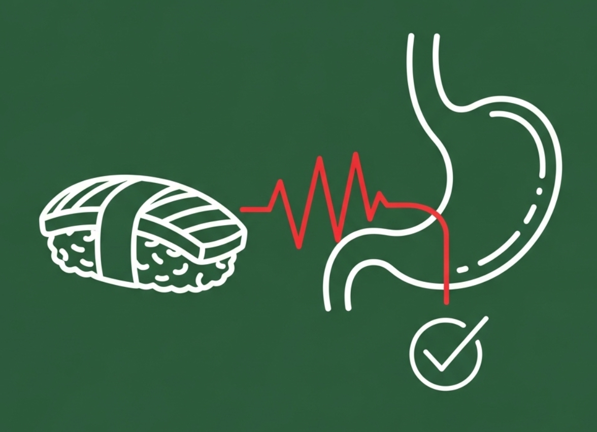 Illustration of sushi linked to a stomach with a red heartbeat line, symbolizing how sushi may trigger heartburn, with a checkmark suggesting possible solutions.