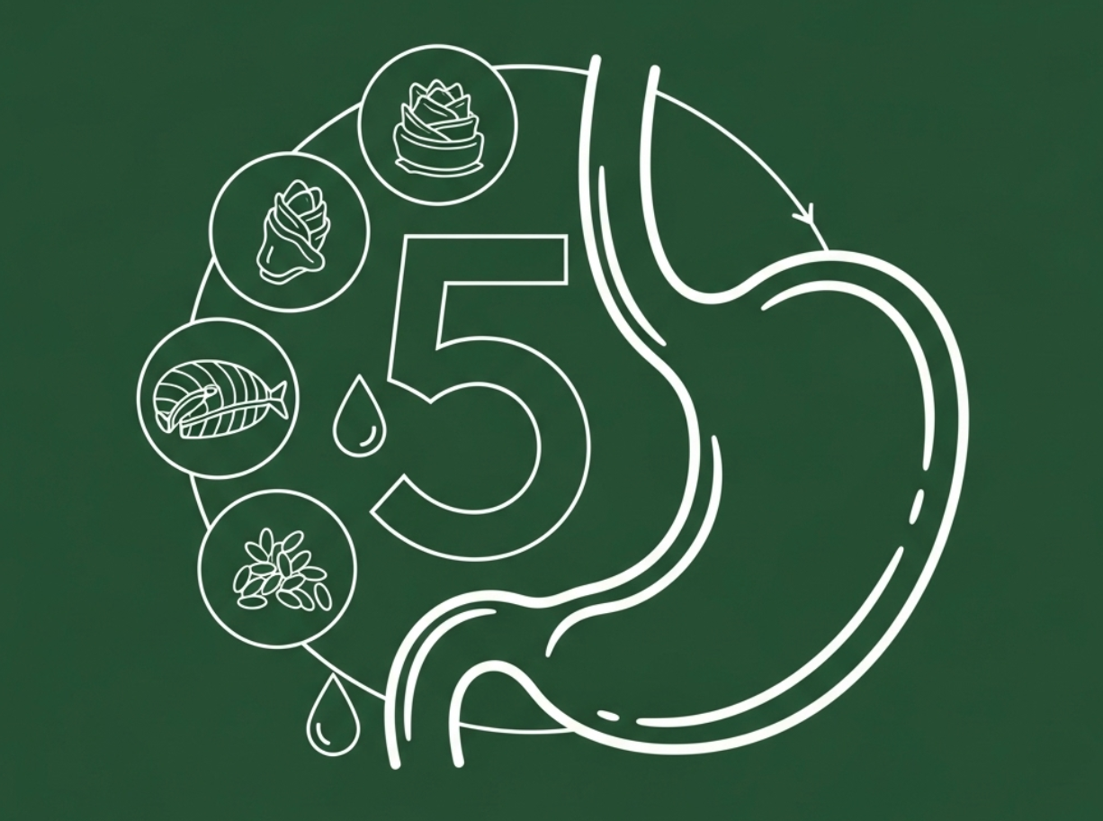 Illustration of a stomach with the number 5 in the center, surrounded by icons of sushi ingredients like fish, wasabi, and sesame seeds, representing five foods in sushi that can trigger heartburn.