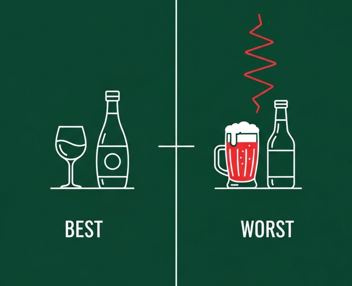 Illustration comparing best and worst alcoholic drinks. On the left side labeled 'BEST,' there is a wine glass and a wine bottle. On the right side labeled 'WORST,' there is a foamy beer mug filled with red liquid and a beer bottle, with a jagged red line