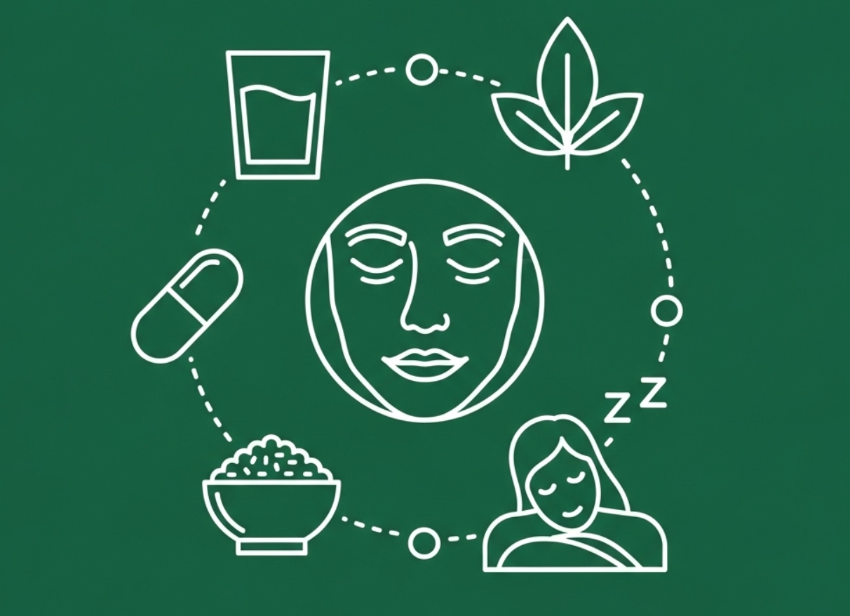 Illustration of a calm face in the center, surrounded by icons connected in a circle: a glass of water, a leaf, a person sleeping with 'Z' symbols, a bowl of food, and a capsule pill, symbolizing healthy habits for wellbeing.